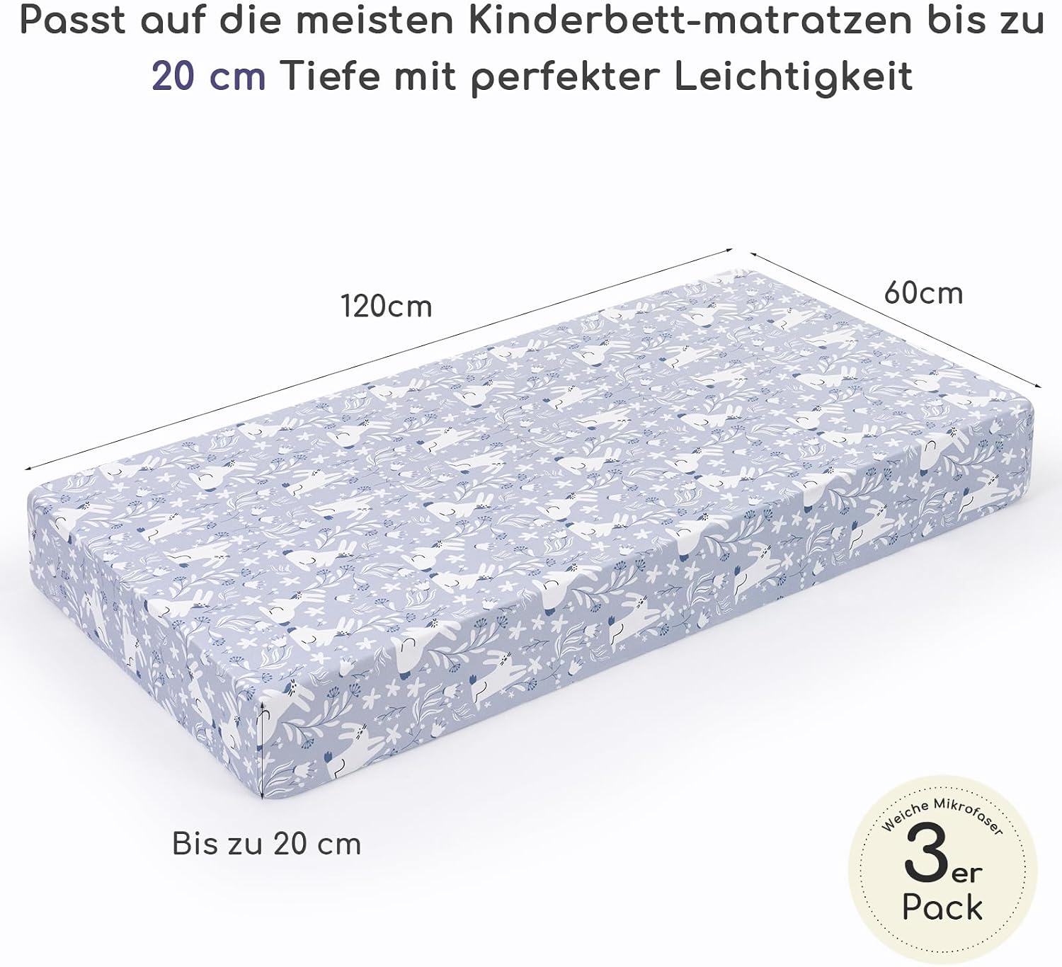 Detalle de Yukkidds Spannbettlaken 60x120 cm im 3er-Pack – Baby‑Weiche Microfaser, atmungsaktiv, pflegeleicht, rundum gummiert