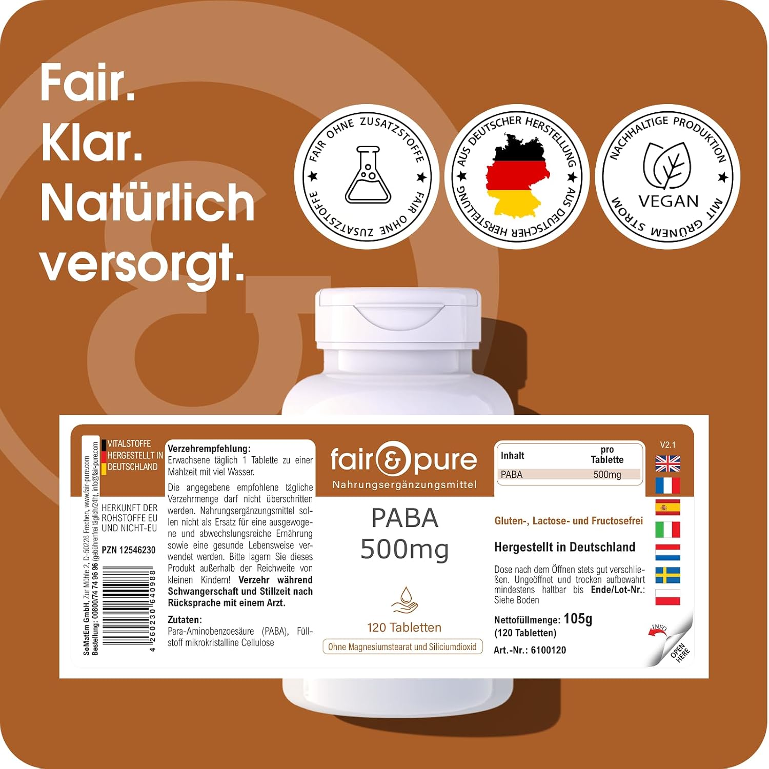 Detalle de Fair & Pure PABA 500mg – veganes PABA-Nahrungsergänzungsmittel, 120 Tabletten, hergestellt in Deutschland