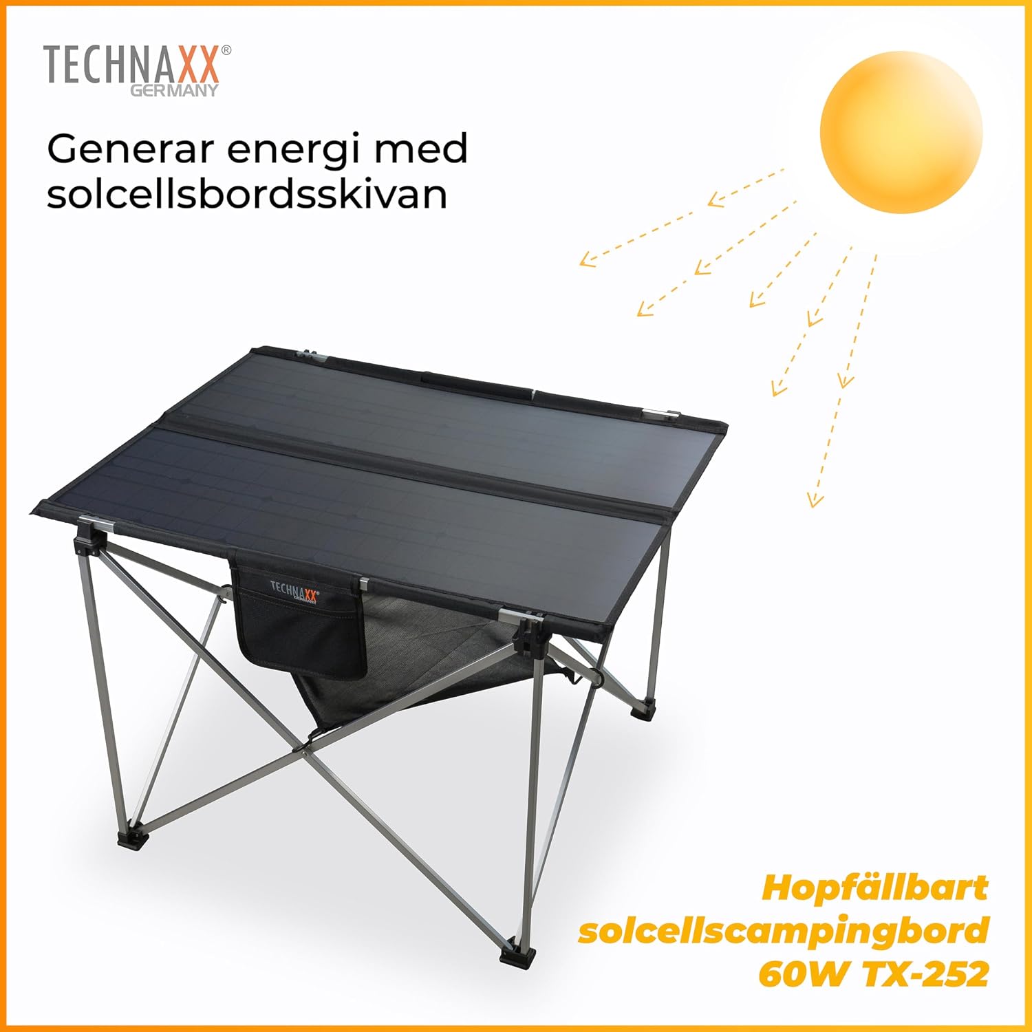 Detalle 2 de Technaxx TX-252 hopfällbart solcellscampingbord, 60 W och tre USB-portar