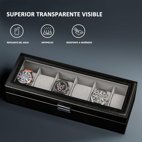 Detalle de ProCase Caja de Relojes con 6 Compartimentos, tapa de cristal y cojín extraíble – Negro