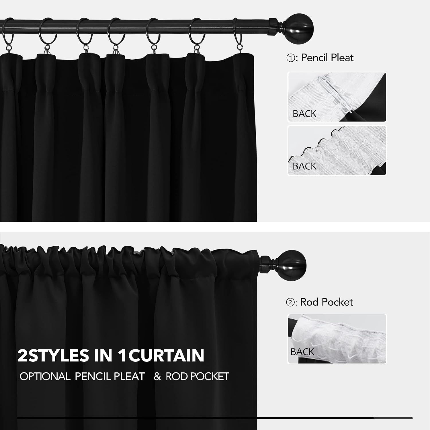 Detalle de Deconovo Pencil Pleat Blackout Curtains (Black) – Thermal Insulated Energy Saving, 66 x 84 Inch, Two Panels