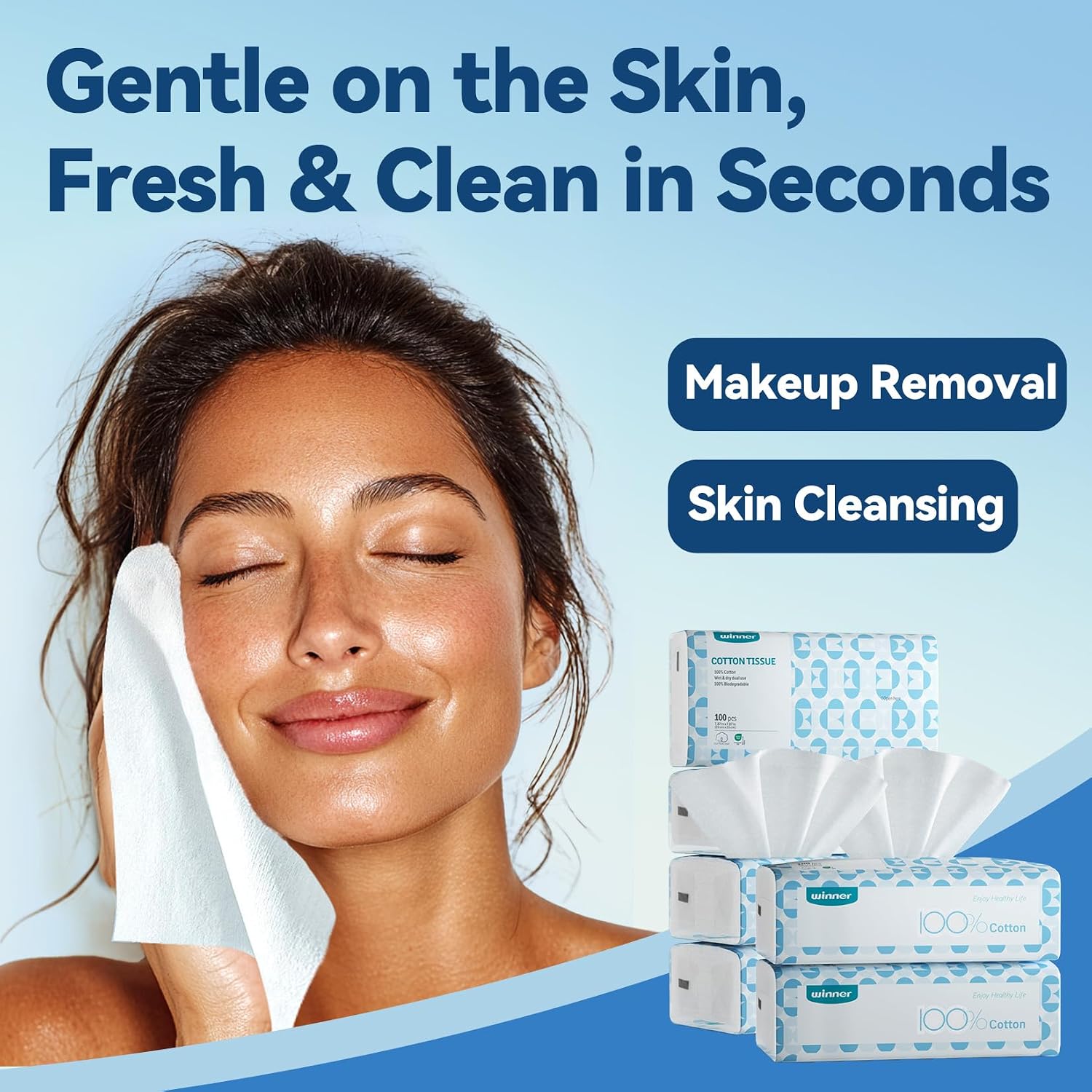 Detalle 2 de Winner Soft Face Towels – 100% Biobased Unscented Disposable Facial Towelettes (300 ct, Pack of 3)