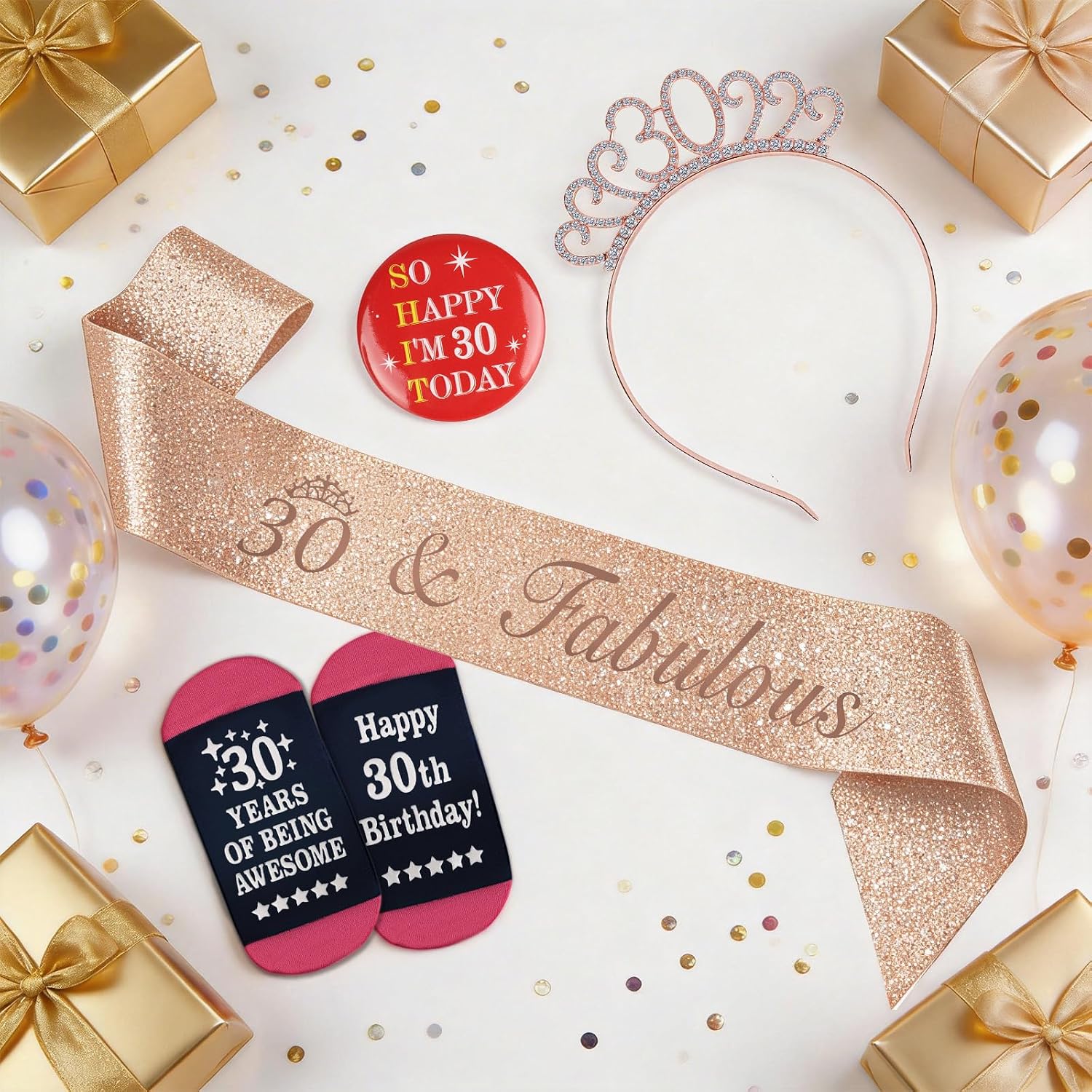 Detalle de TUZELIYA 30th Birthday Gifts Set for Women: Sash, Crystal Tiara Crown, Socks and Badges