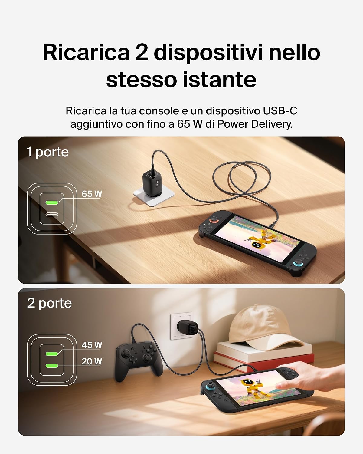 Detalle de Belkin Gaming Doppio Caricatore da Muro USB-C da 65W con GaN per Nintendo Switch 2 e dispositivi USB-C PD (nero)