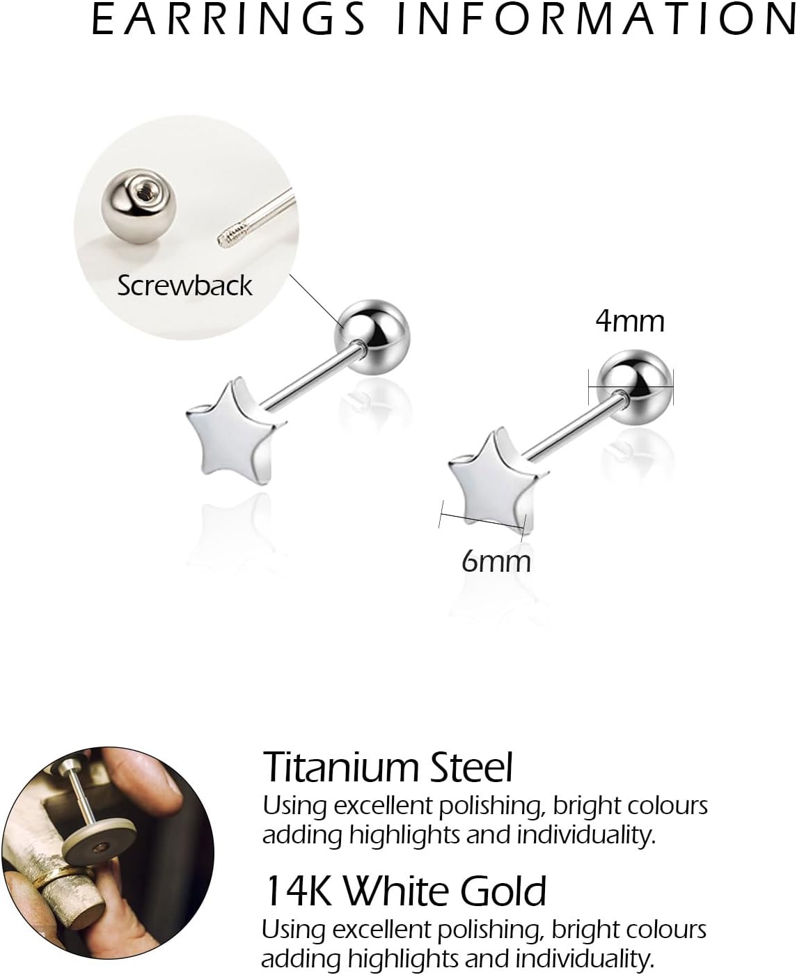 Thumbnail 1 de VYYU Silver Earrings for Women and Girls — Titanium Studs with Screwback, 6mm Round Set, Hypoallergenic and Hypothetical Everyday Elegance