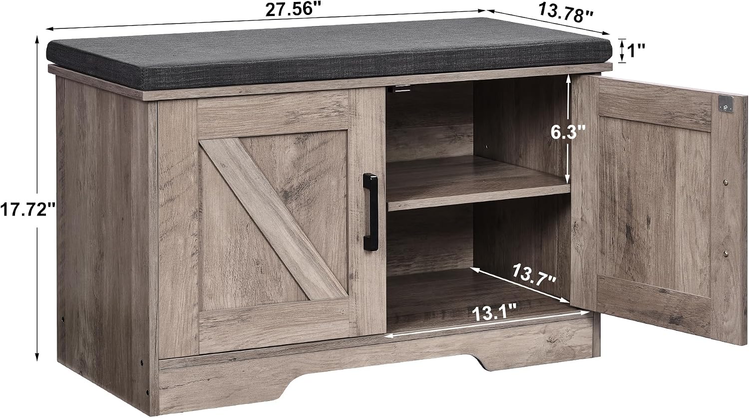 Thumbnail 2 de HOMSHO 2-Tier Storage Bench (27.6" Wide) with Padded Seat Cushion, Barn Doors & Adjustable Shelf, Greige