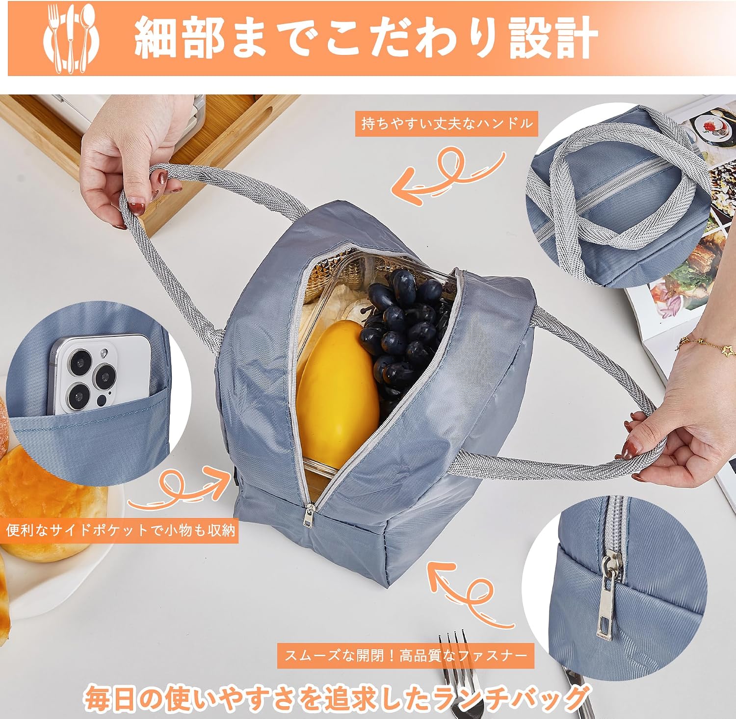 Detalle de VECELO 保冷バッグ 6L 23×14×20cm 断熱アルミ綿・ファスナー式 ネイビー
