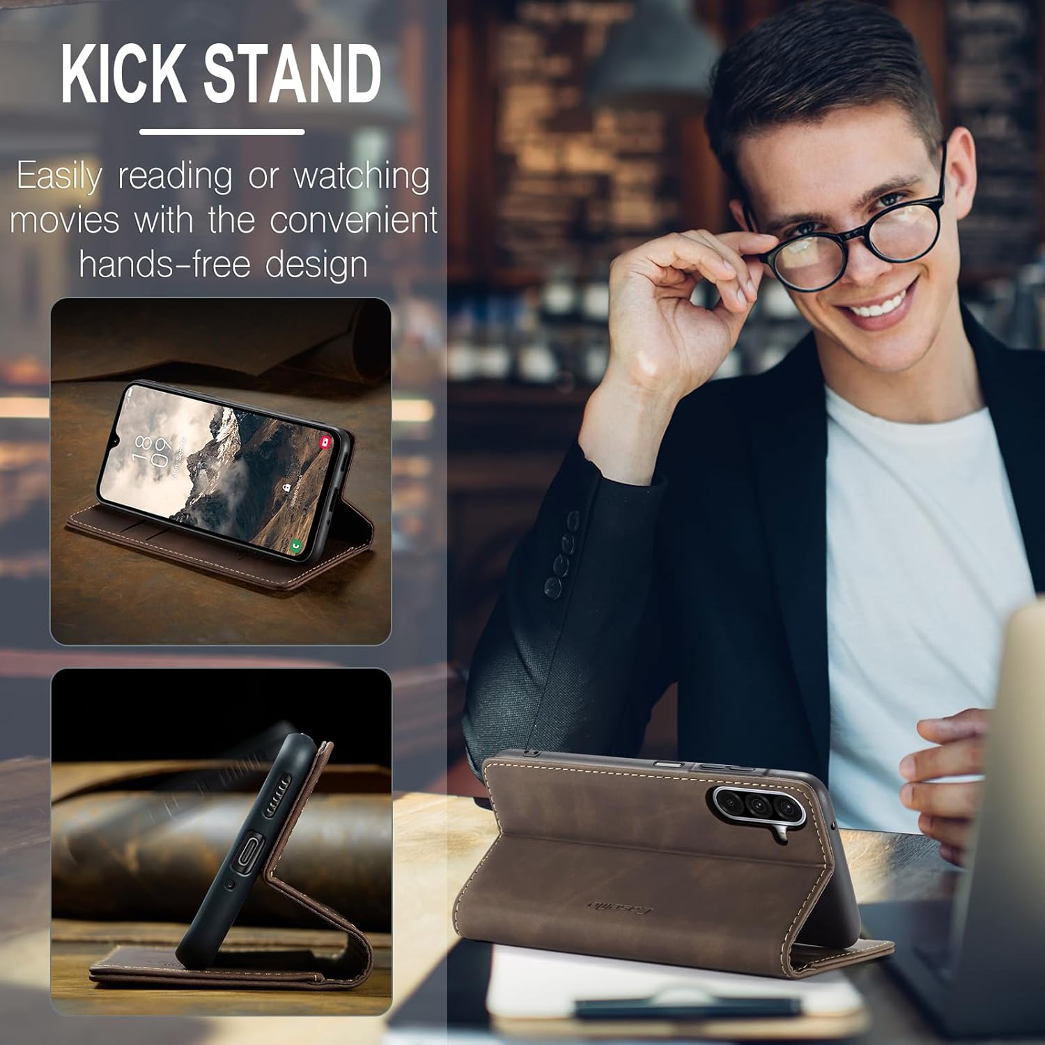Detalle de Cracedily Flip-Hülle aus Premium PU-Leder für Samsung Galaxy A17 5G – Kaffee