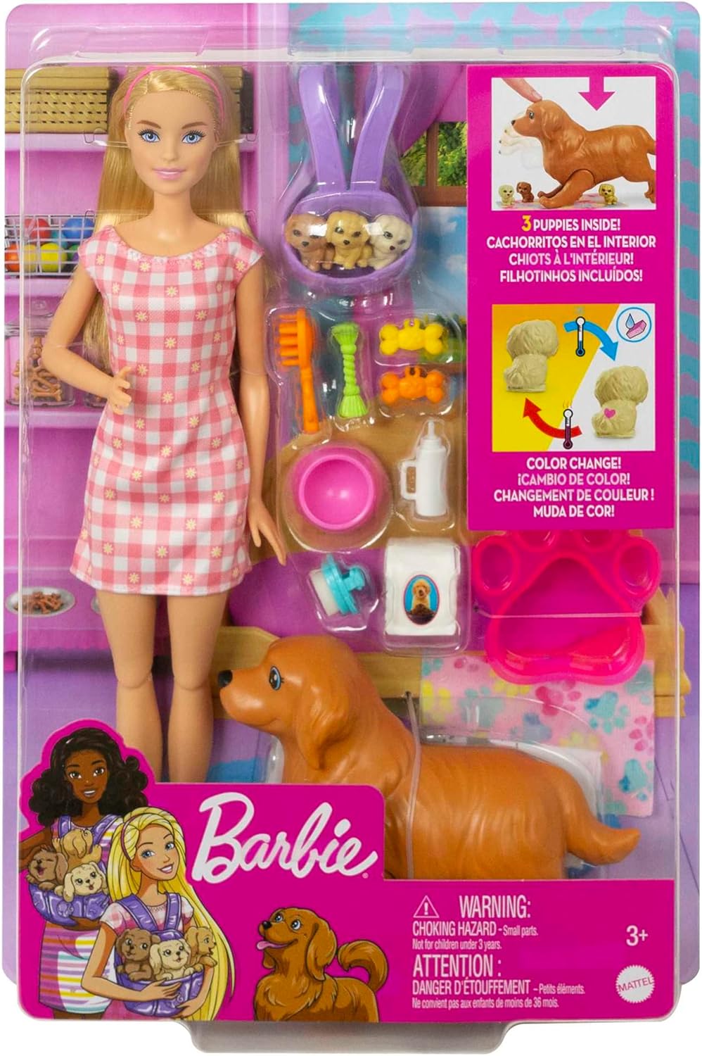 Detalle 2 de Barbie Newborn Pups Playset – Puppe mit Blonden Haaren, 3 Welpen, über 10 Accessoires