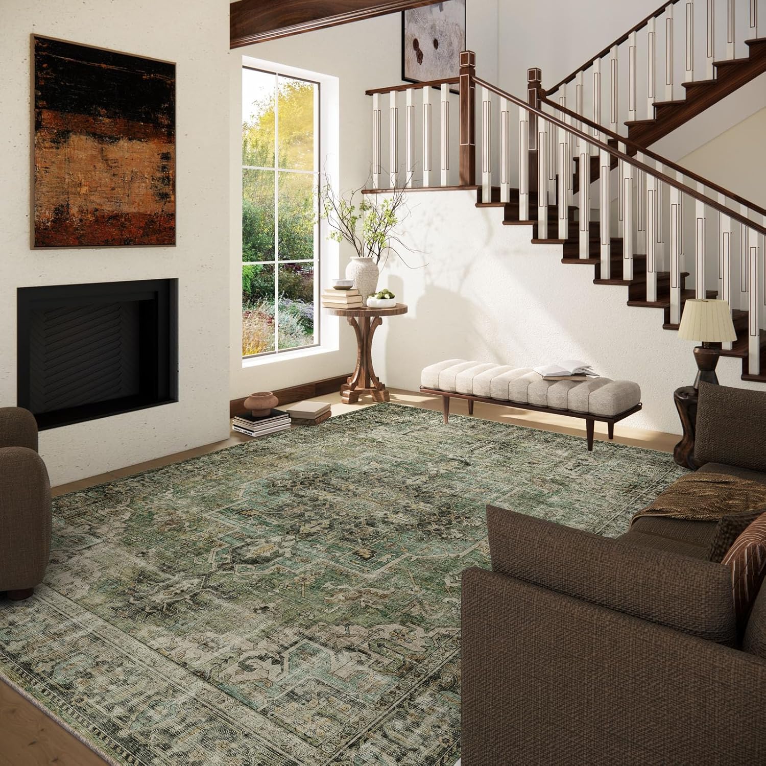 Thumbnail 1 de 9x12 Area Rug for Living Room — Washable, Non-Slip, Boho Vintage Style