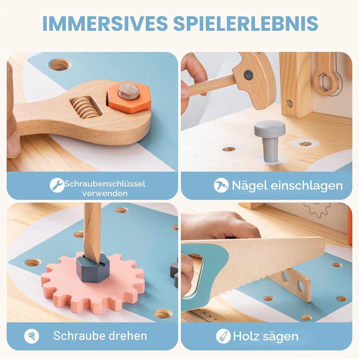 Detalle de ROBUD Holz Werkbank für Kinder – robuste Spielzeug-Werkbank aus Holz, ab 3 Jahren
