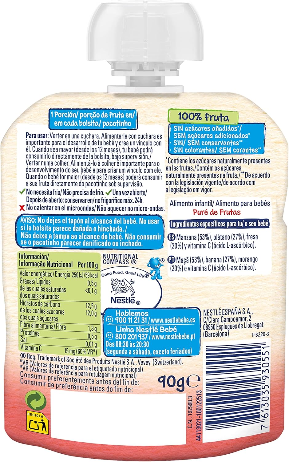 Thumbnail 2 de Nestlé Papillas Bolsitas Puré Manzana, Plátano y Fresa 🍎🍌🍓 16x90g