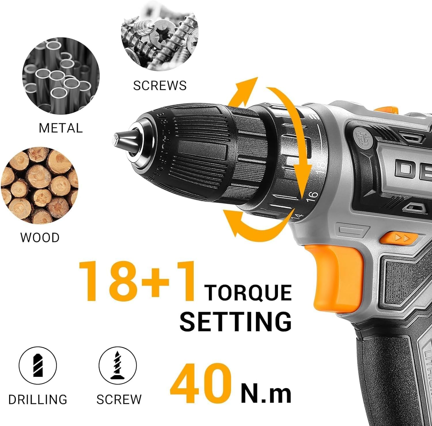 Thumbnail 4 de DEKOPRO 20V Cordless Drill Driver Set (Grey) with Battery, Charger and Bits
