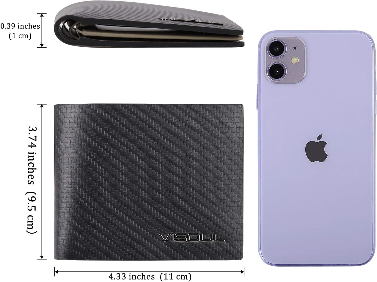 Detalle de VISOUL Portafoglio uomo in vera pelle con protezione RFID e portamonete slim, modello Bifold (Carbonio Nero+Grigio)
