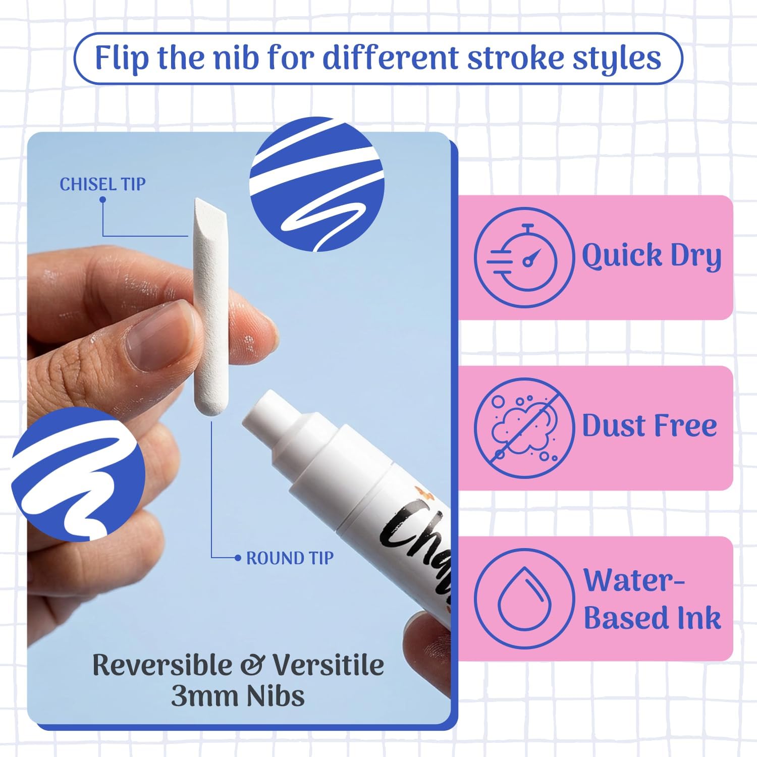 Detalle de Chalkola Fine Tip White Chalk Pens (Pack of 4) – reversible 3mm bullet & chisel tip liquid chalk markers
