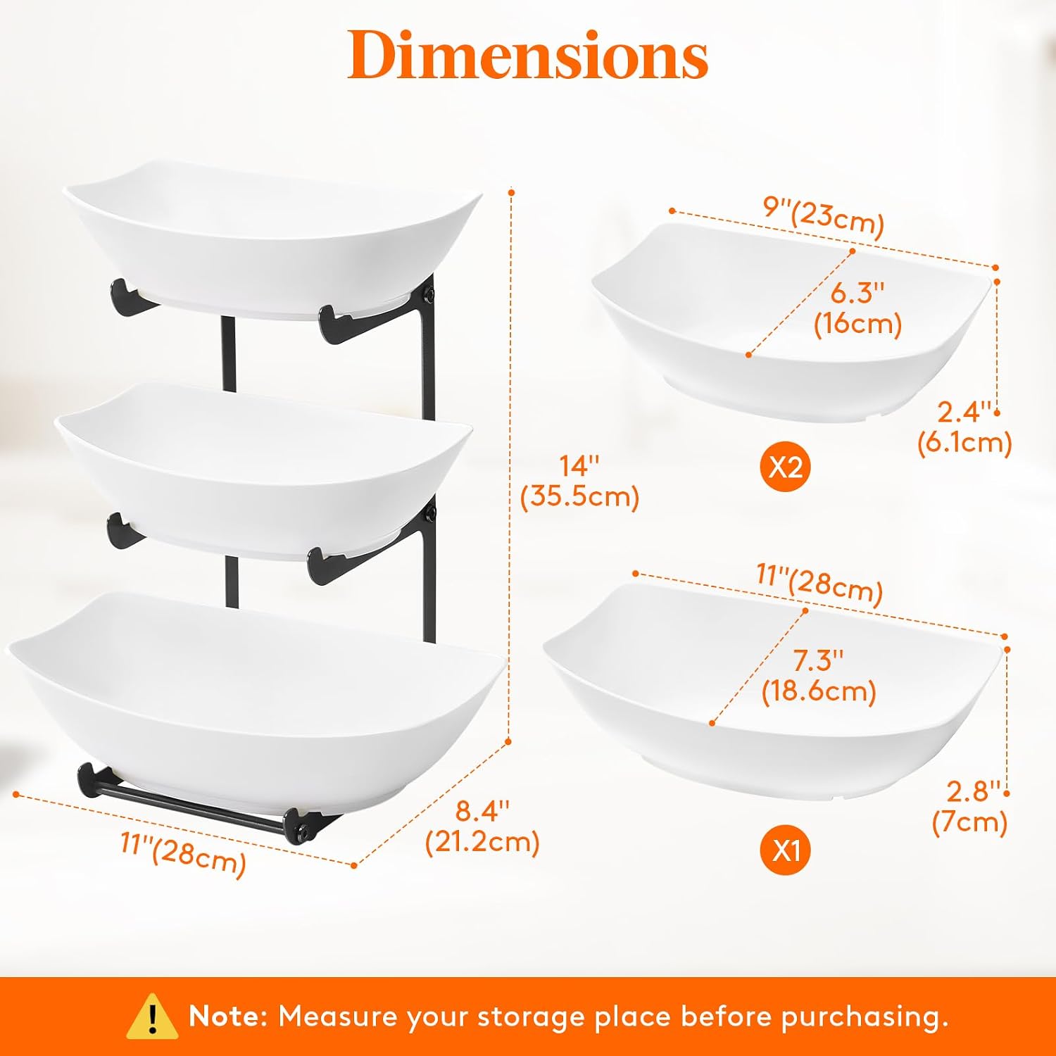 Detalle de Lifewit 3-Tier Plastic Fruit Bowl with Black Metal Stand for Kitchen Counter (PET, stackable trays)