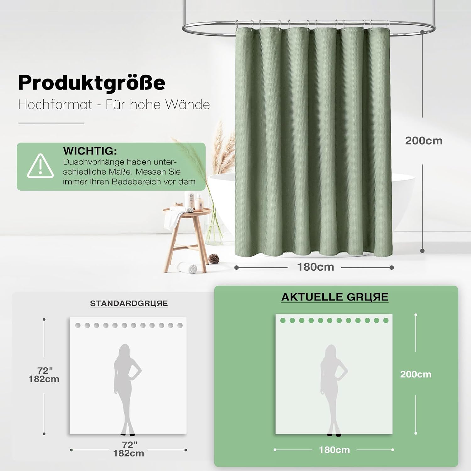 Detalle de BTTN Duschvorhang Waffel 180x200 cm – Anti-Schimmel, schweres Waffelstoff mit wasserdichter Innenfolie, inklusive 12 Haken (Grün/Salbeigrün)