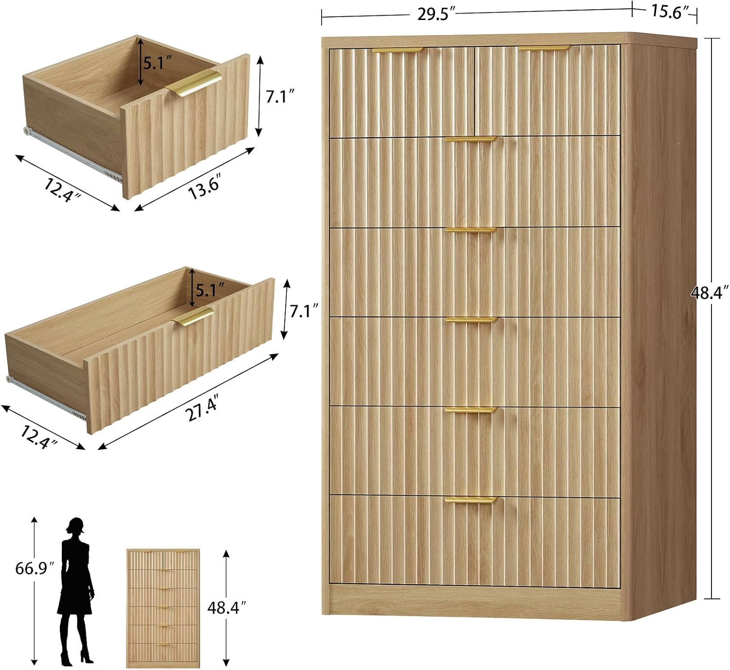 Detalle 2 de TEENFON dresser 7-Drawer Fluted Chest, 48.4-Inch Tall Natural Storage