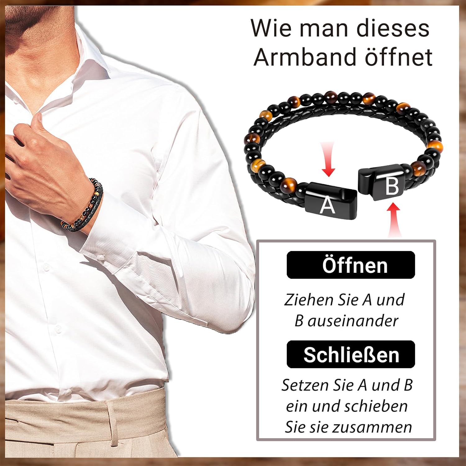 Thumbnail 4 de YIBONIKA Lederarmband mit Tigerauge-Edelsteinperlen & Achat – Geschenkbox inkl.