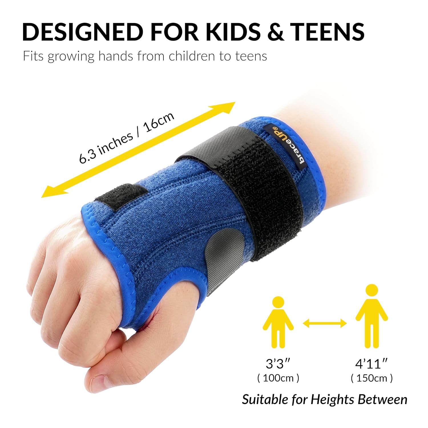 Detalle 2 de BraceUP B408 Kids Wrist Brace for Left Hand, Dual Splints, Blue