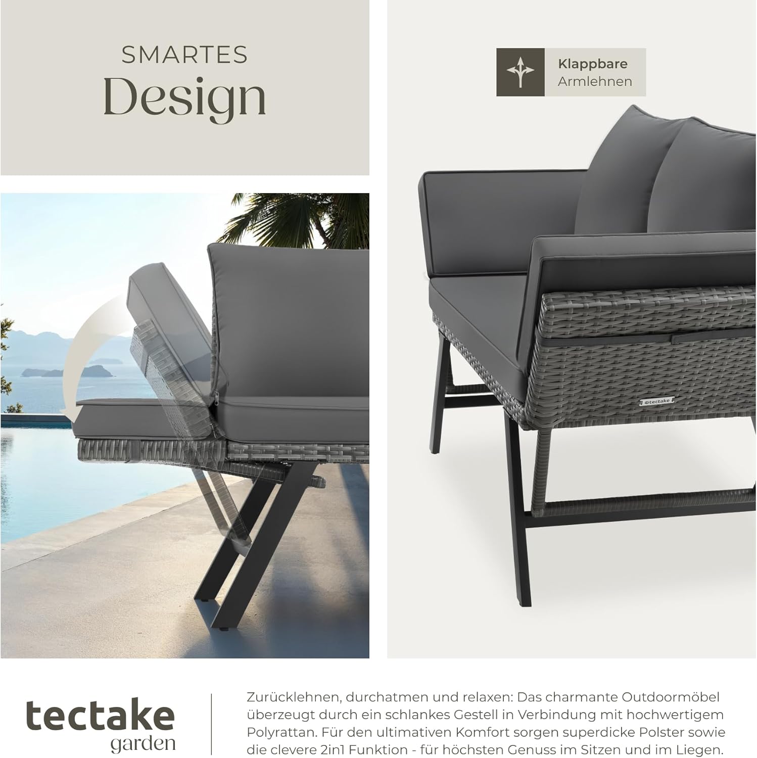 Detalle de tectake Rattan Loungesofa und Sonnenliege – 2-in-1 Gartenmöbel aus Polyrattan, grau