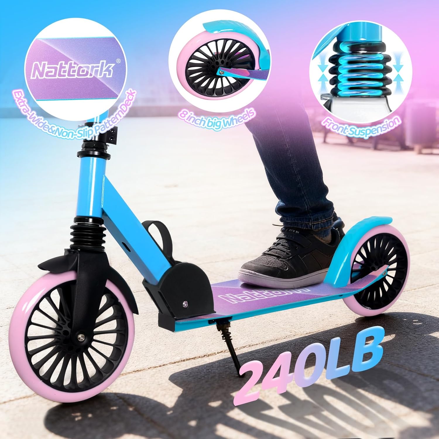 Thumbnail 1 de Nattork Kick Scooter for Ages 6+ — Adjustable, Foldable with 8" Wheels and Anti-Shock Suspension