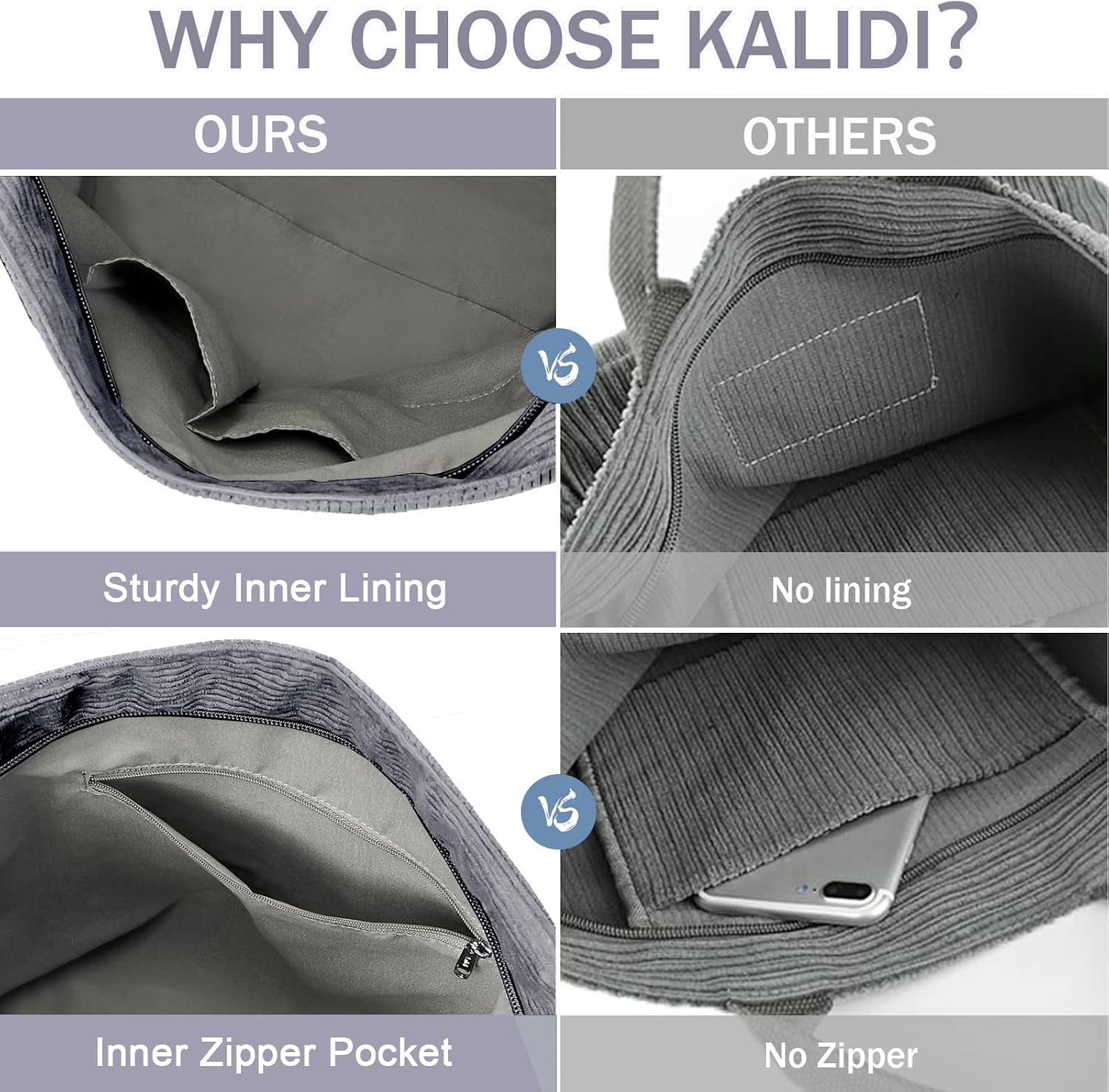 Thumbnail 6 de KALIDI Damen Handtasche Canvas Shopper aus Cord – Shopper Schulter- & Umhängetasche für Alltag, Schule und Einkäufe