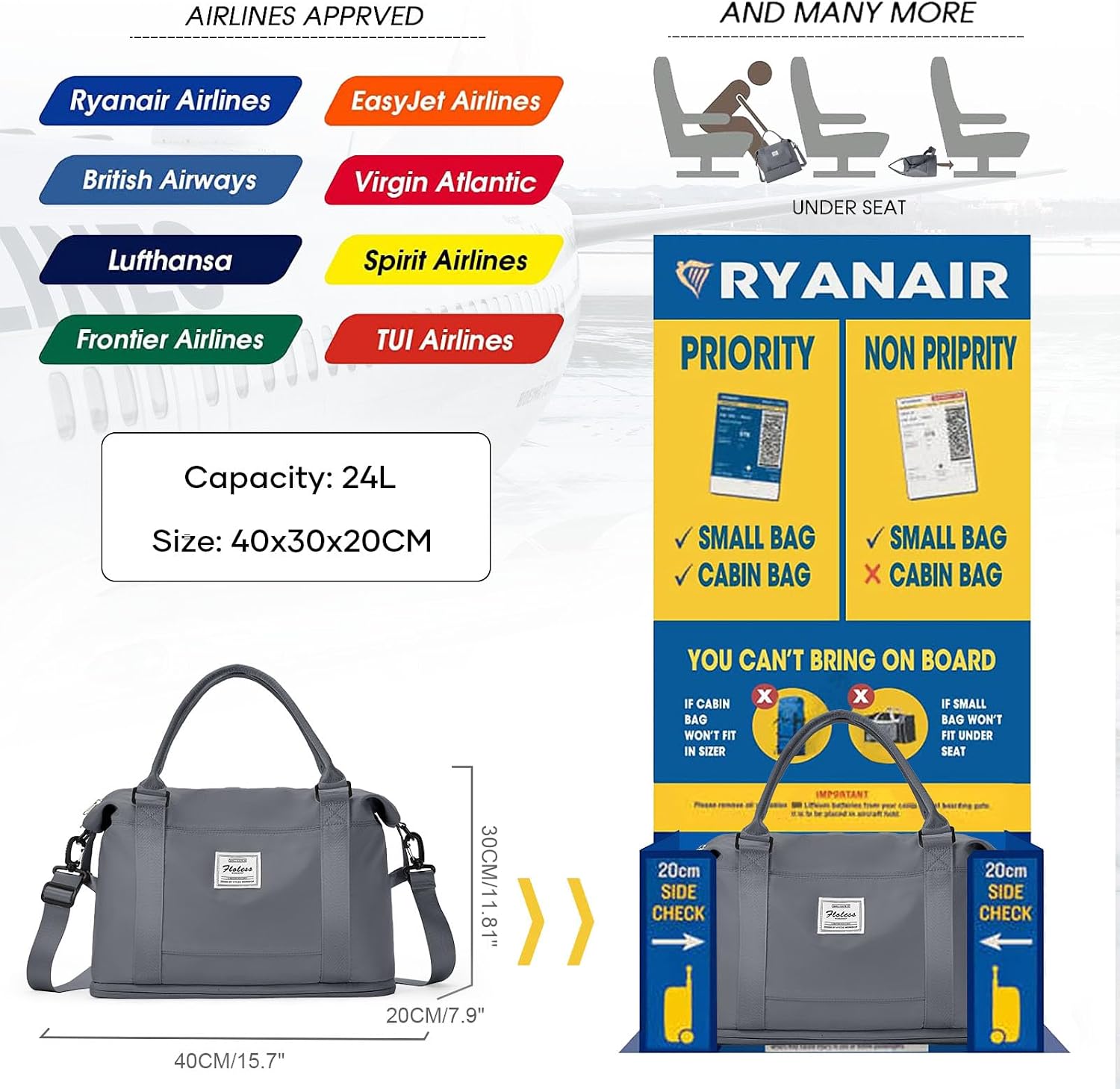Thumbnail 2 de Reisetasche Damen 40x30x20 „Ryanair“-Handgepäcktasche F8 Schiefergrau mit Schuhfach