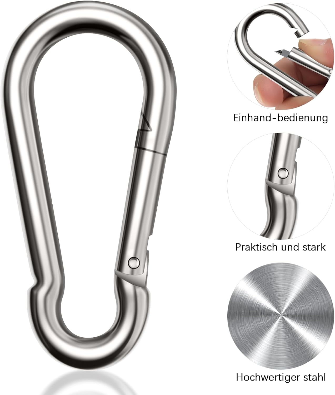 Detalle 2 de Boxcute 6er Set Karabinerhaken groß, 80 mm – belastbar bis 400 kg, vernickelter Stahl