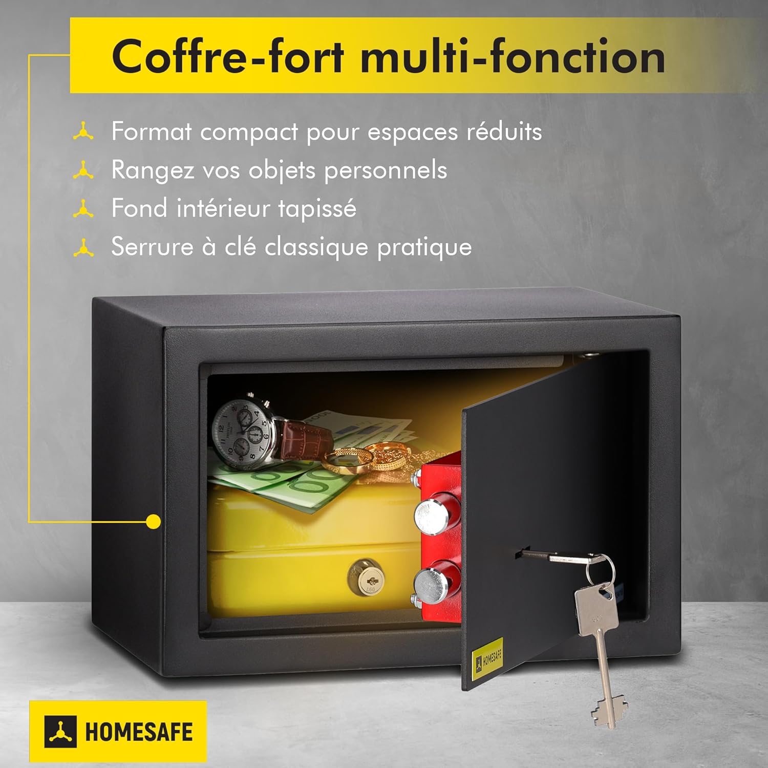 Detalle de HomeSafe HV20K Coffre-Fort à Clé 20x31x20 cm – Argent Billet, Bijoux, Sécurité à Domicile