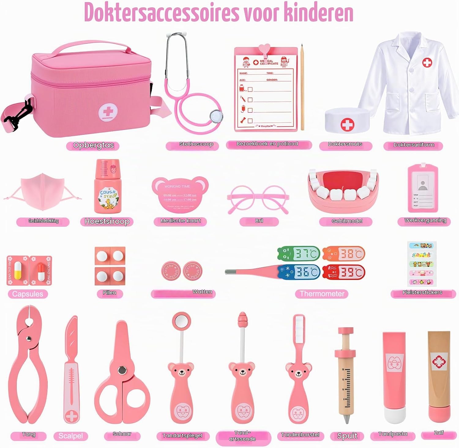 Detalle 2 de Mactoou AP001 dokterskoffer voor kinderen, roze rollenspelset met 35 accessoires