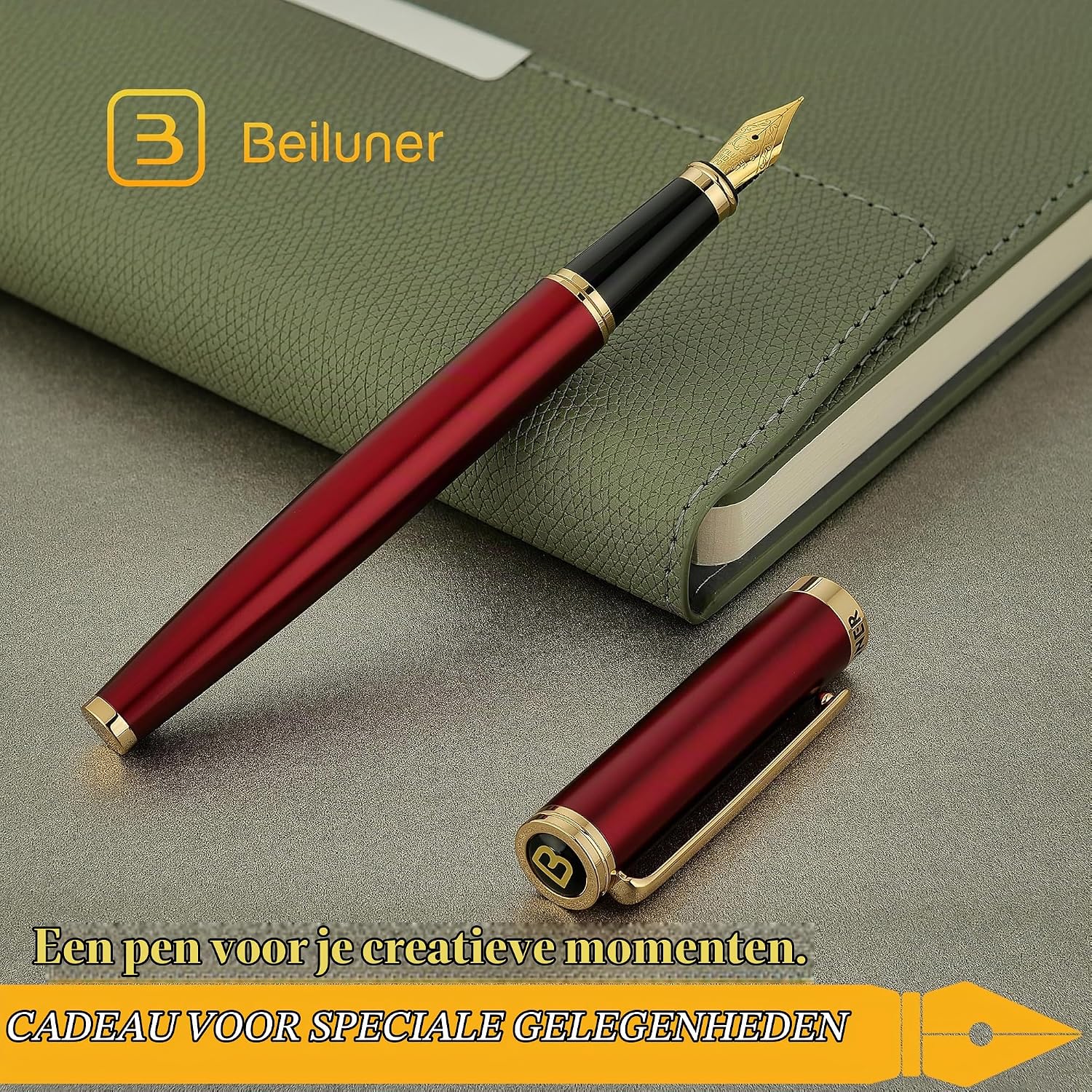 Thumbnail 6 de BEILUNER FP-F03 vulpen met bordeauxrode lak, 24K gouden accenten en fijne punt