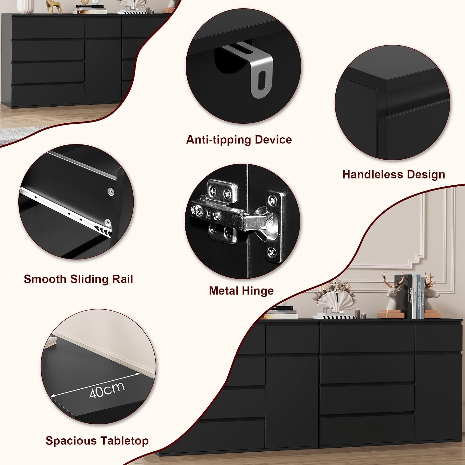 Detalle 2 de FOREHILL M241 Chest of Drawers, Black, 5 Drawers and Door Storage, 100 x 40 x 80 cm