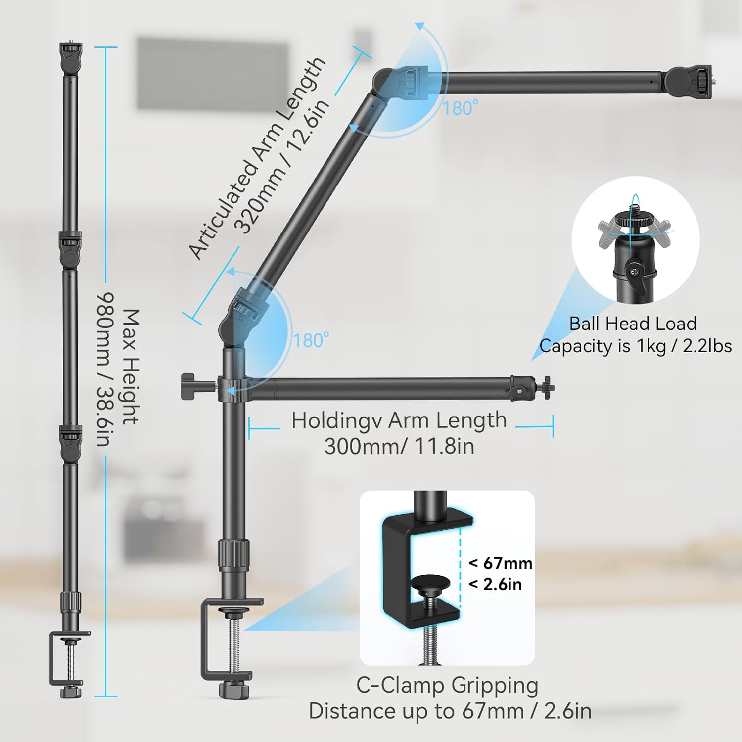 Thumbnail 2 de SMALLRIG Live-Desktop-Kamera Tischstativ DT-50 4456 – Overhead-Klemme mit flexiblem Arm