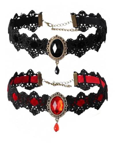 Detalle de KACZUS Collane choker in pizzo nero e rosso, set da 2 con pendente