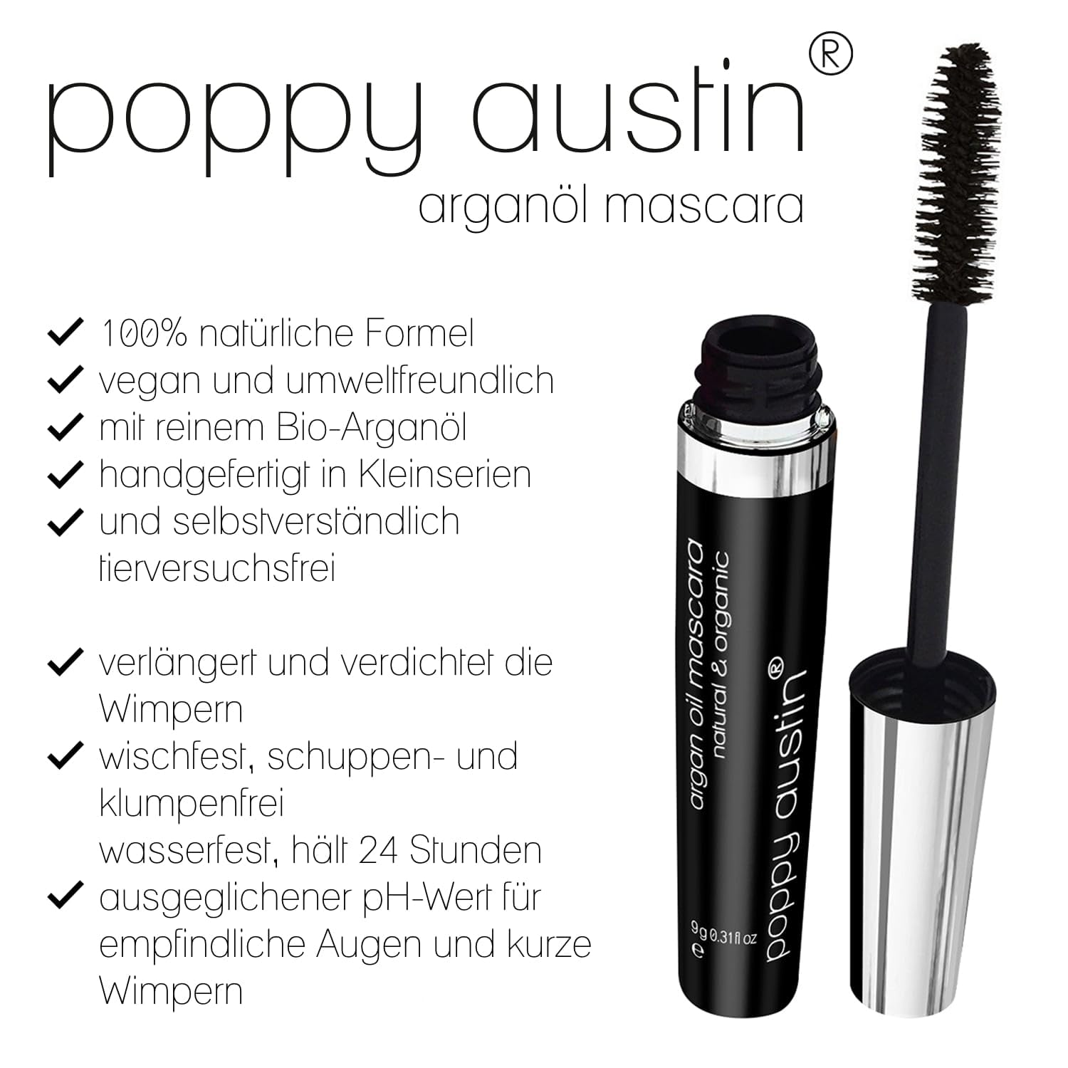 Detalle de Vegan Mascara für empfindliche Augen – sanfte, hypoallergene Naturkosmetik für kurze Wimpern