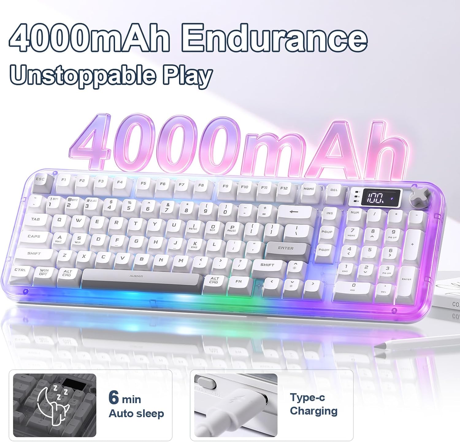 Detalle 2 de MIKIBY K98 Pro Wireless Membrane Gaming Keyboard, 98-Key RGB, White