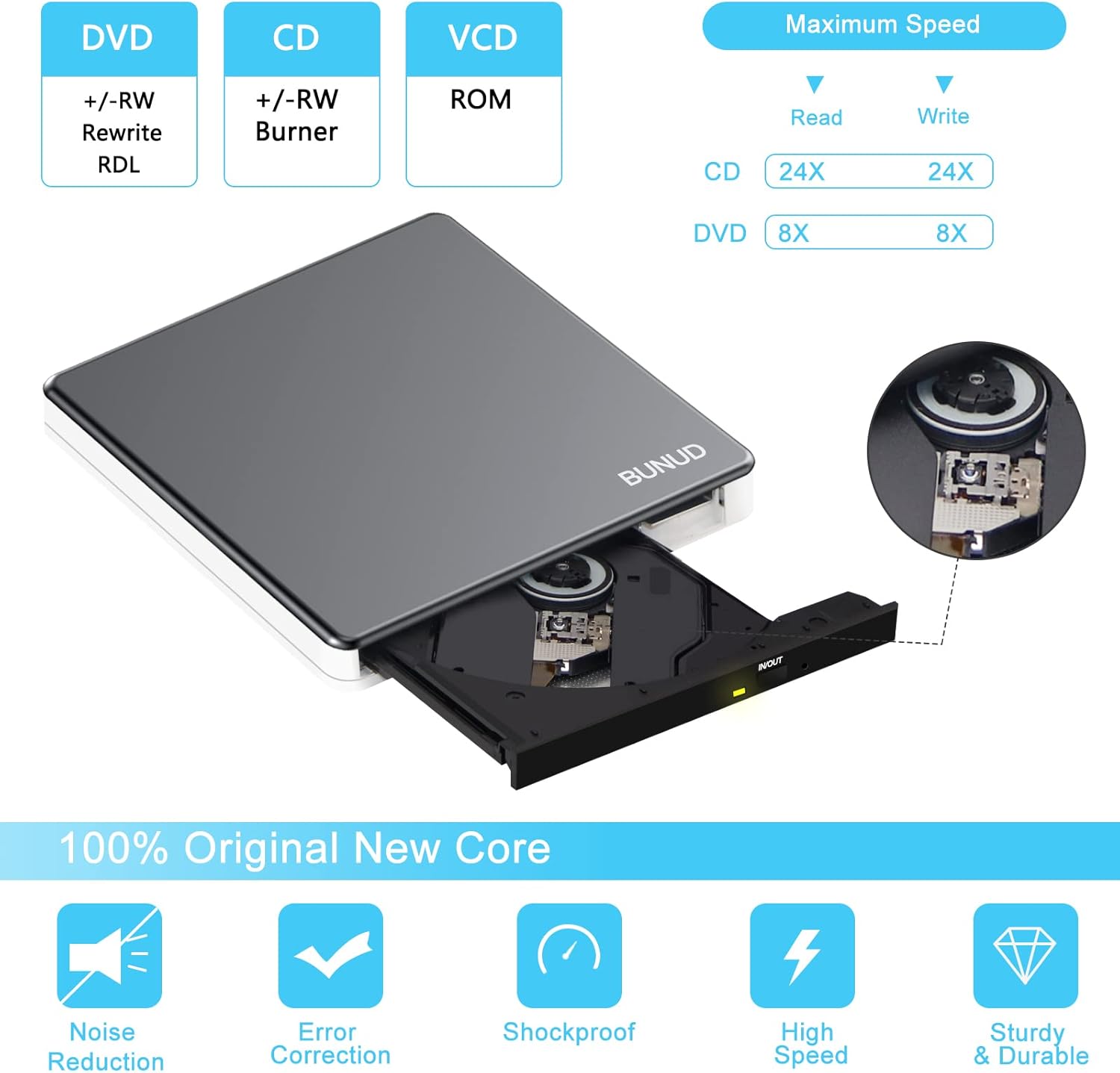 Detalle 2 de BUNUD External CD DVD Drive USB 3.0 Type-C