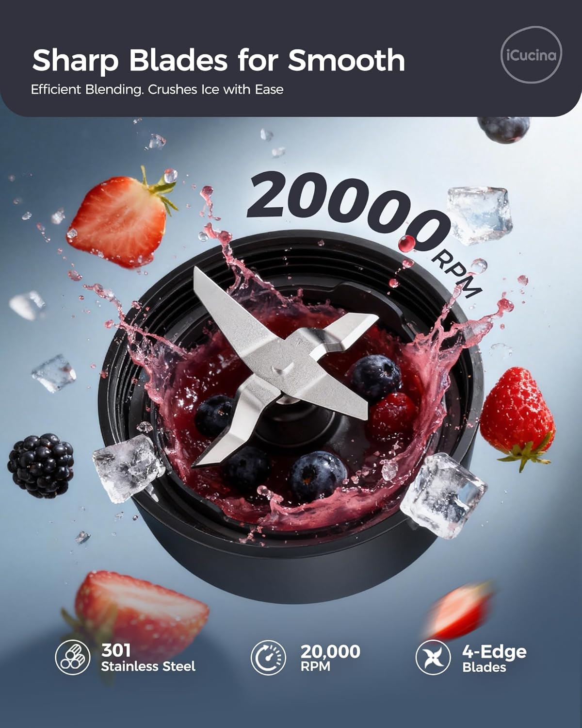Thumbnail 3 de iCucina Smoothie Blender (700W Pulse Technology) with 2 x 28oz Portable Cups for Smoothies