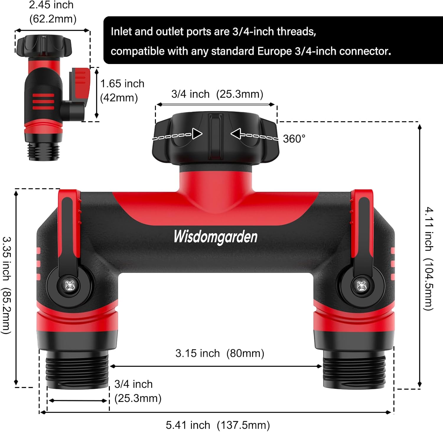 Detalle 2 de Wisdomgarden Hose Splitter 2 Way with 3/4" Standard Connection and 1/2" Adapter (ABS) – Practical Twin Outlets for Garden, Washing Machine, and Timers