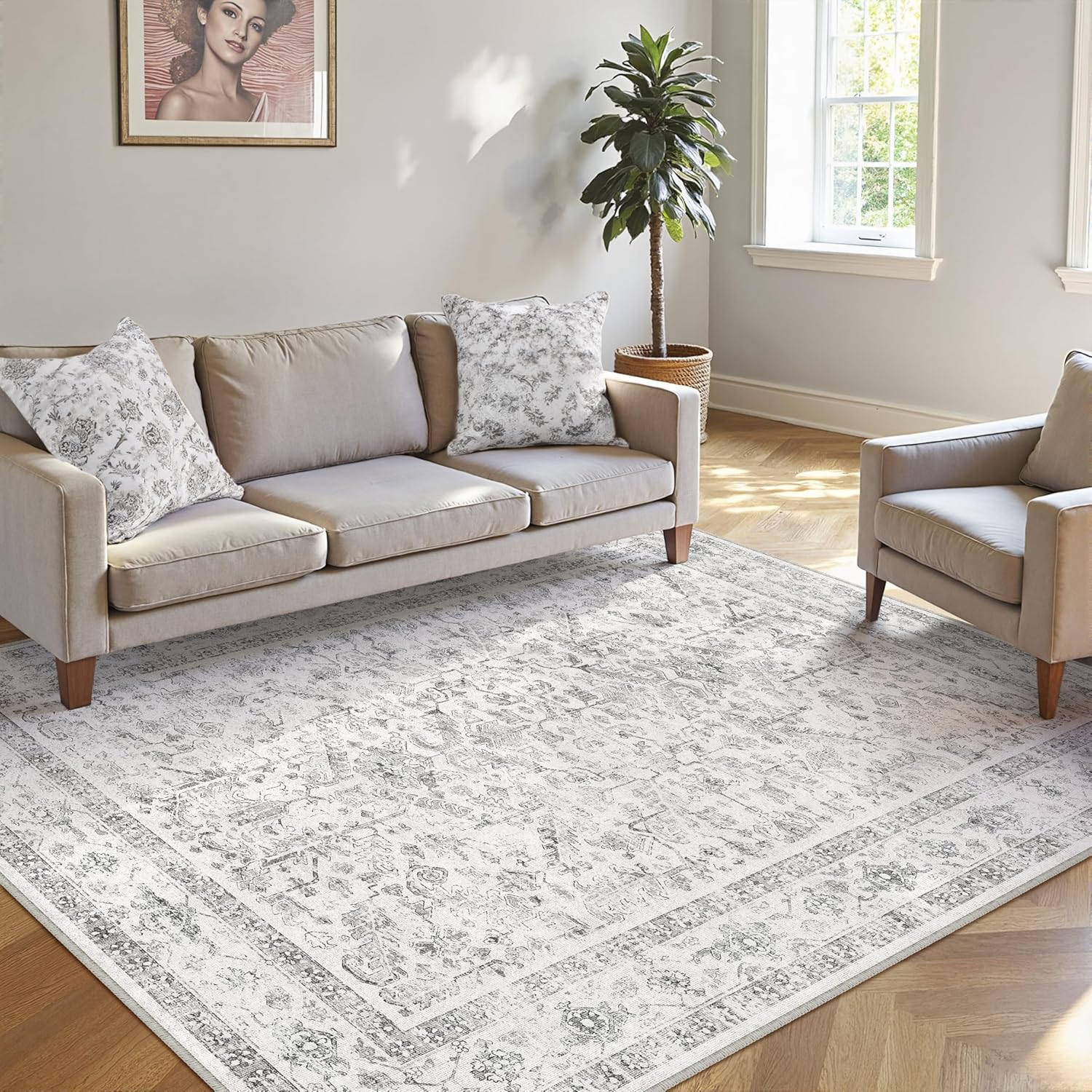 Thumbnail 2 de PureCozy Vintage grauer Teppich für Wohnzimmer, Schlafzimmer & Büro (160 x 230 cm) – kurzflor, waschbar, rutschfest