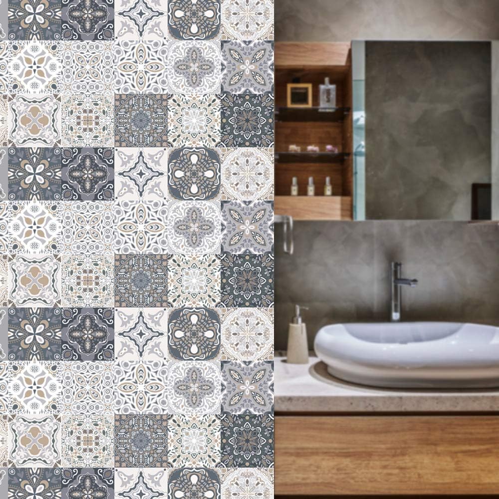 Detalle de HORIWE 48pc Moroccan Tile Stickers 6x6 Inches — PVC, Waterproof, Self-Adhesive Backsplash Tiles