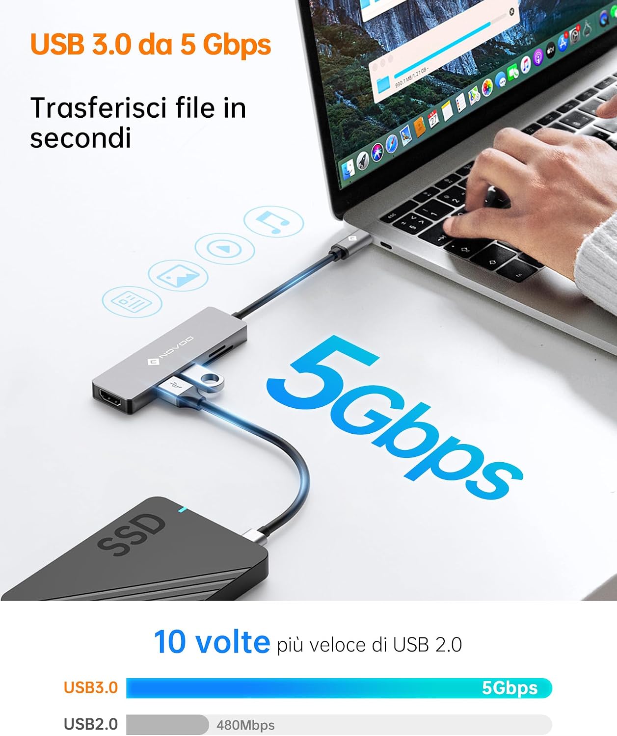 Detalle de NOVOO Hub USB C 5 in 1: espansione pratica per Mac, Chromebook e oltre