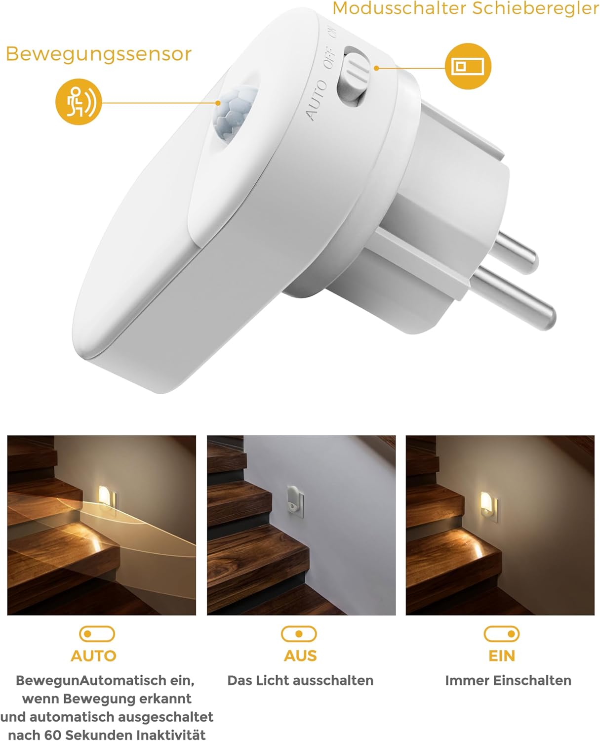 Thumbnail 1 de LOHAS-LED Nachtlicht-Steckdose mit Bewegungssensor und 3 Modi (EIN/AUTO/AUS) – warmweiß 3000K