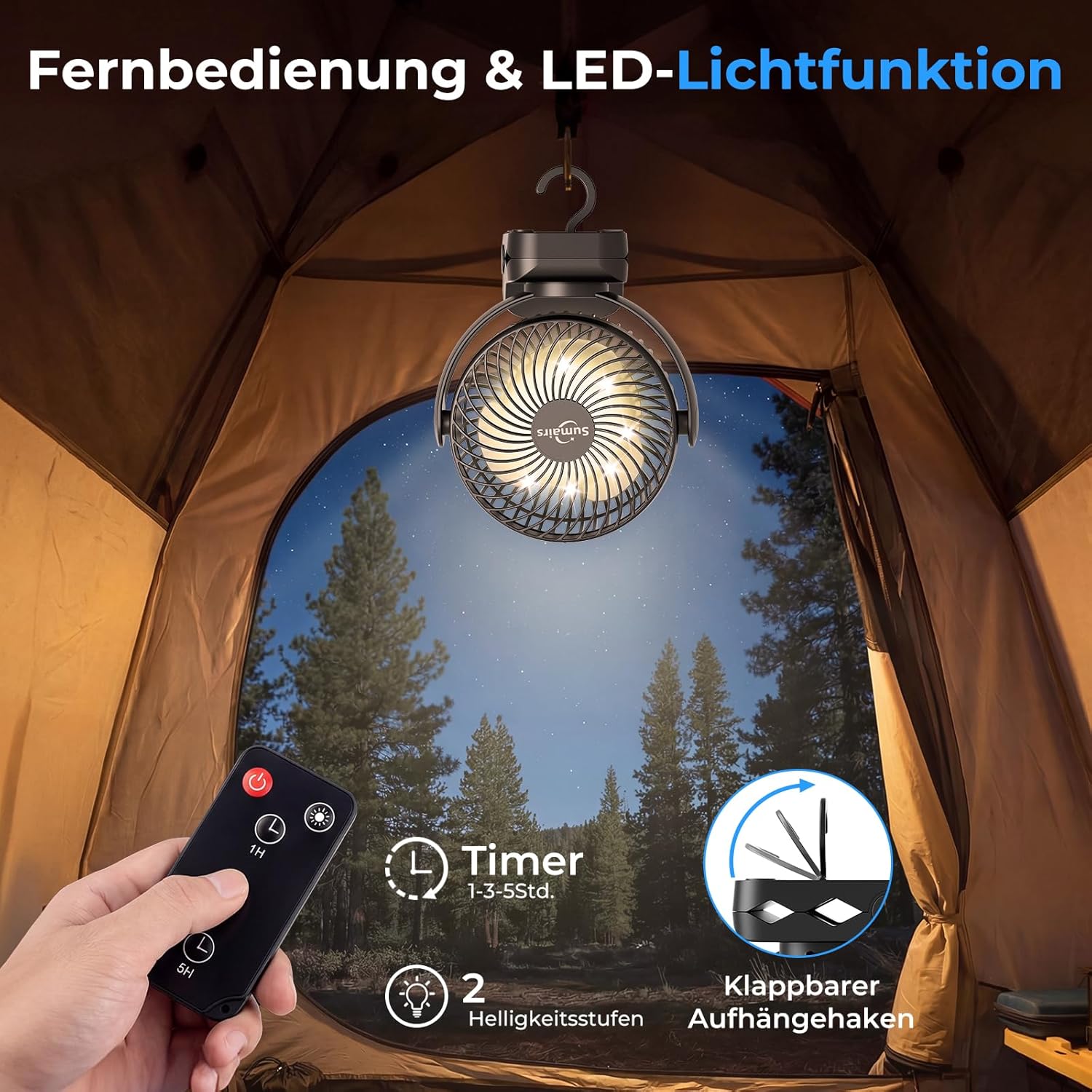 Thumbnail 3 de Sumairs 5.5" Clip-on Rechargeable Camping Fan (10,000mAh) with Remote, LED & Power Bank
