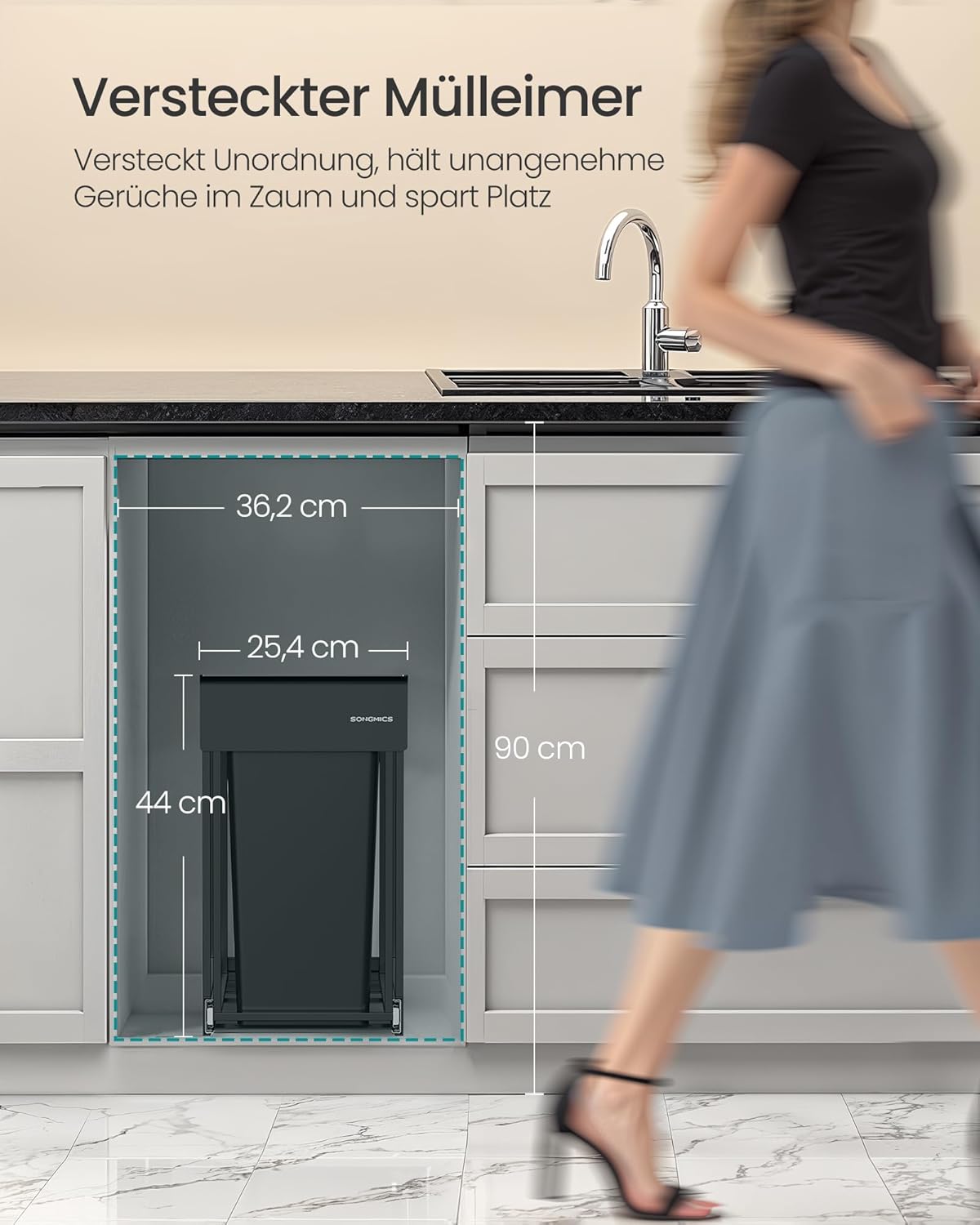 Detalle de SONGMICS Mülleimer küche LTB950B01: 2×15-L Mülltrennsystem für den Unterschrank