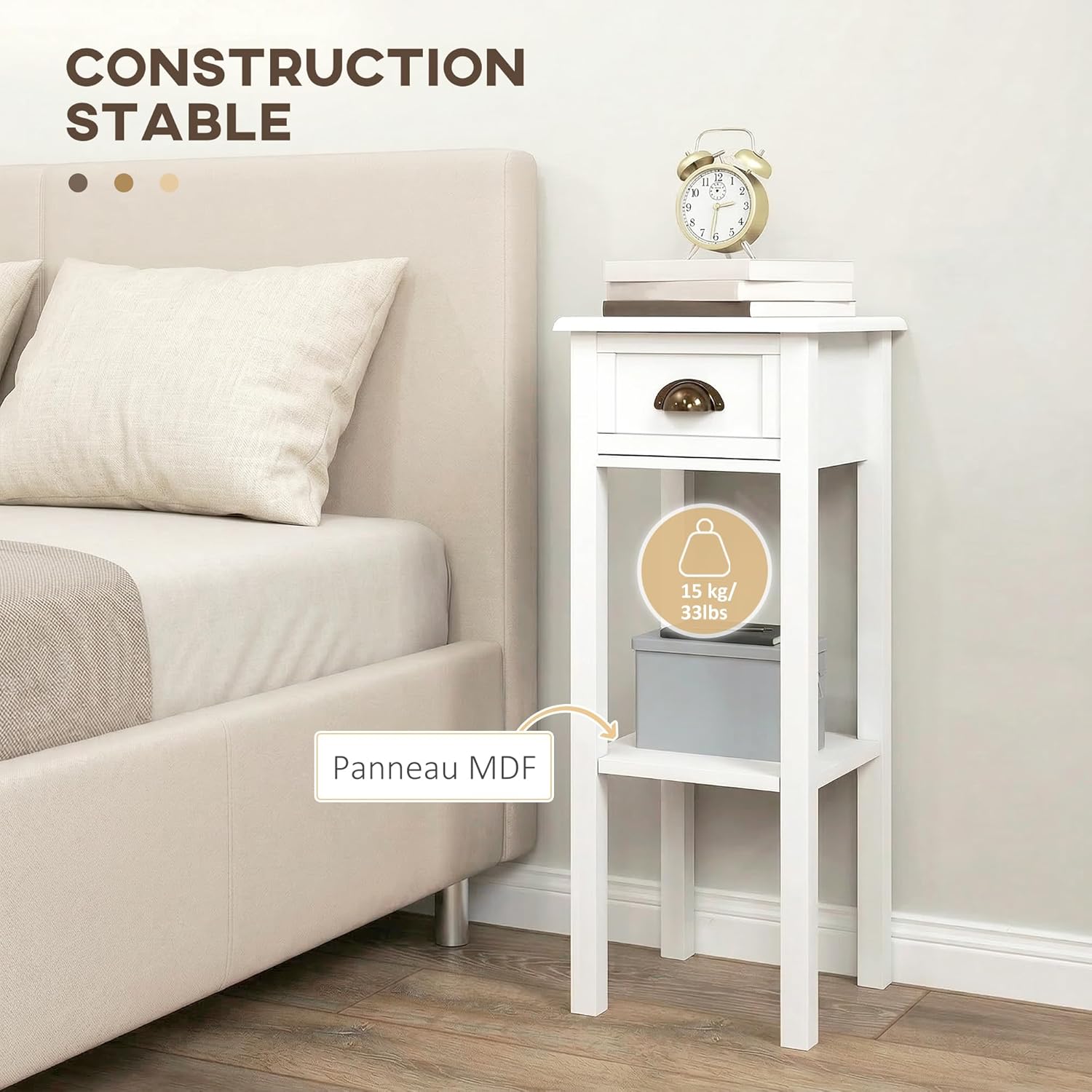 Thumbnail 4 de HOMCOM lot de 2 tables d’appoint avec tiroir et étagère inférieure (style sophistiqué), blanc