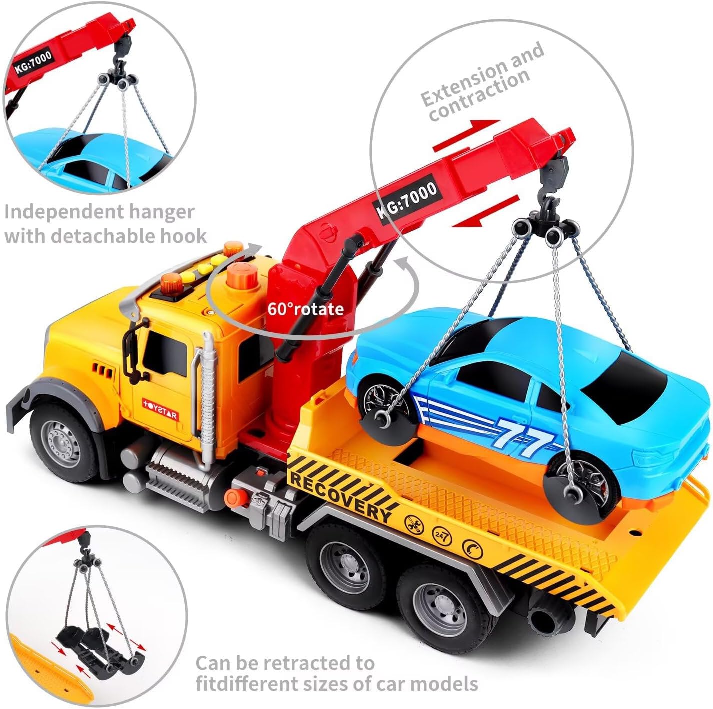 Detalle 2 de Dwi Dowellin 15-Inch Friction-Powered Tow Truck with Roadster — Lights, Sounds, and a Fun Rescue Set for Kids 3–7