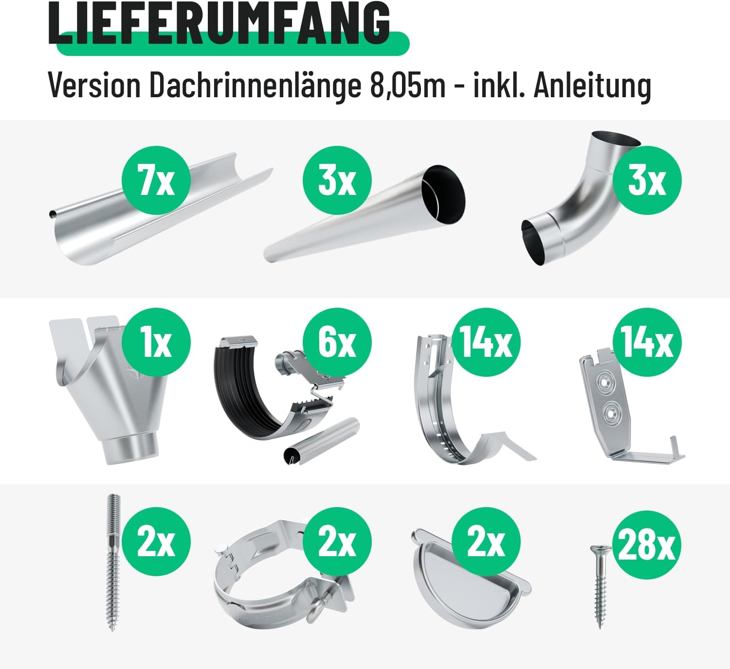 Thumbnail 4 de Greate Dachrinnen-Set 8,05 m mit verzinktem Fallrohr – robustes Komplettsystem für Haus, Gartenhaus und Carport