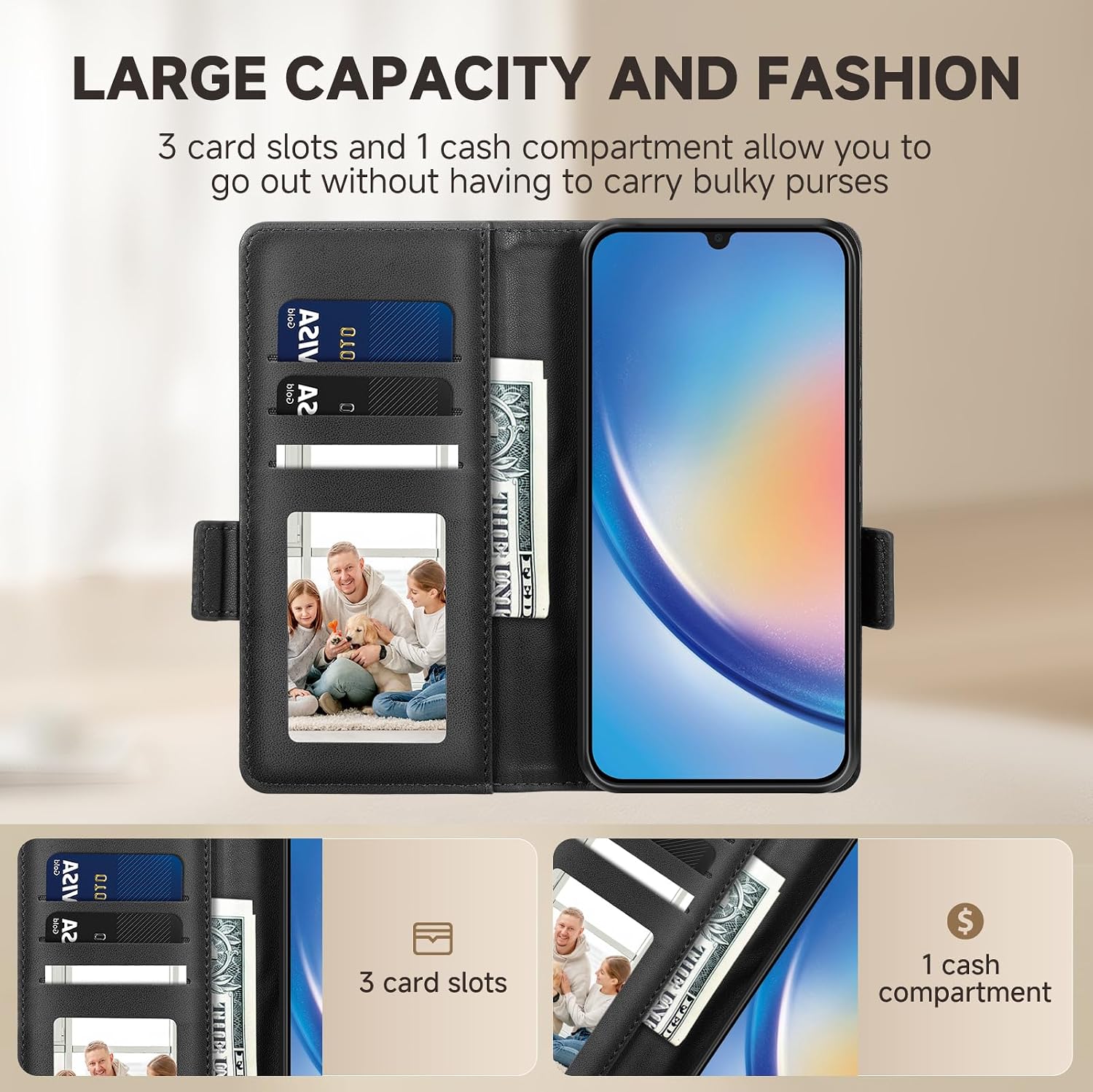 Detalle 2 de CASBST Kickstand Leather Wallet Case for Samsung Galaxy A34 5G (Black)